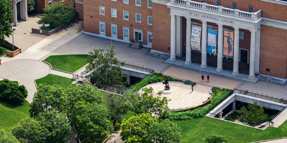 Aerial view of Hornbake Plaza and Hornbake Library at UMD
