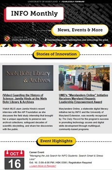 Example cover of the monthly INFO Update e-newsletter featuring two headline stories and an event listing