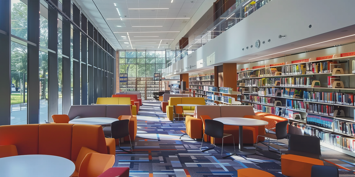 A high-tech library with digital book retrieval systems and interactive learning tools.