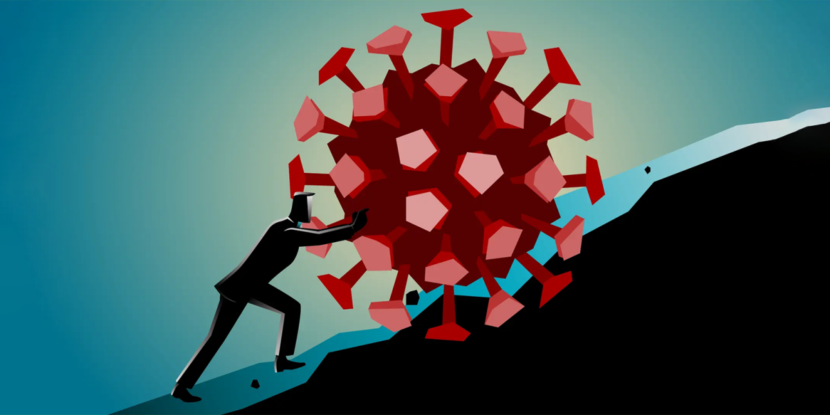 Illustration of a man in all black pushing a spike protein up a hill.