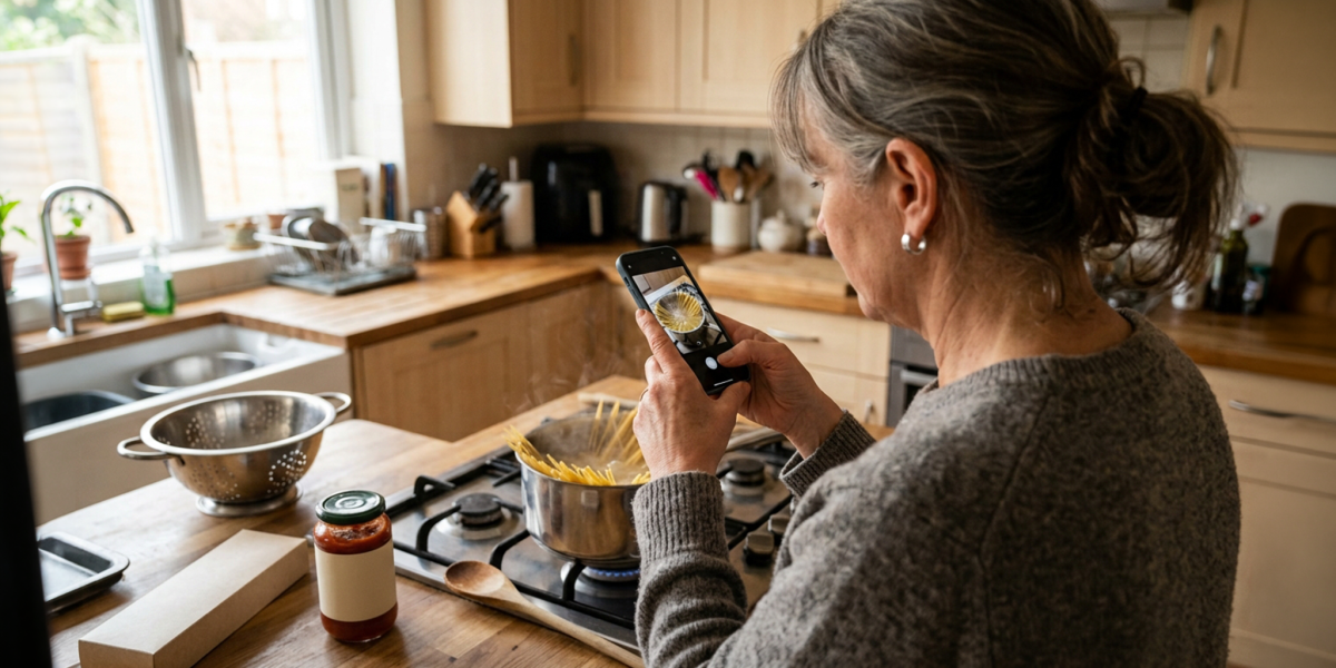 Visually challenged middle-aged woman using smartphone to take a picture of cooking food